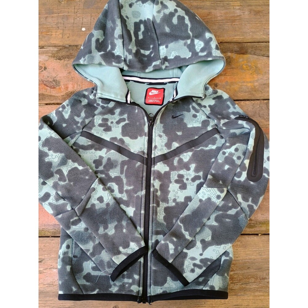 Nike Tech Kid Fleece Small Hoodie Jacket Green Camo Full Zip Hooded Sweatshirt